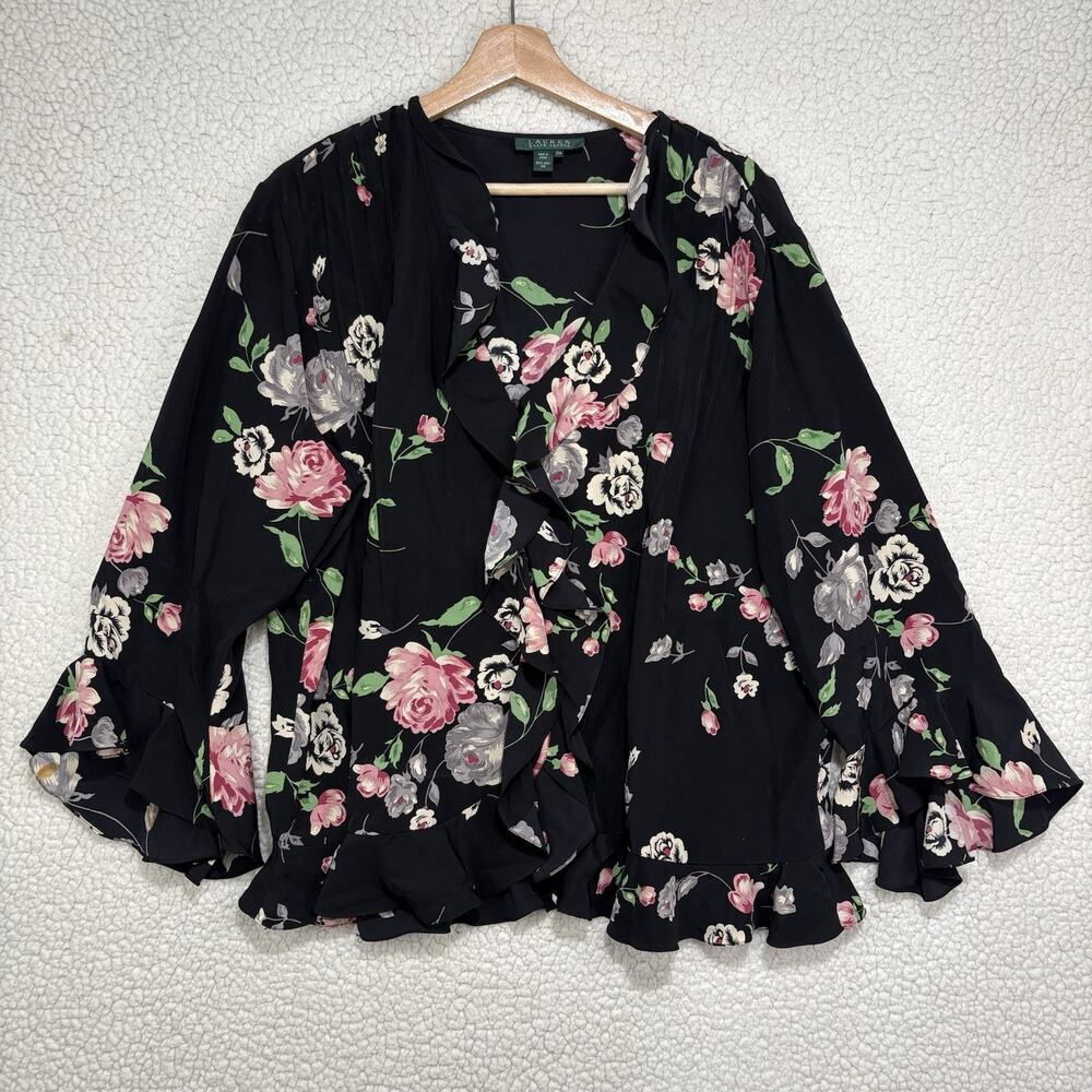 Lauren Ralph Lauren 100% Silk Floral V-Neck Blouse Top Plus Size 20W Ruffle